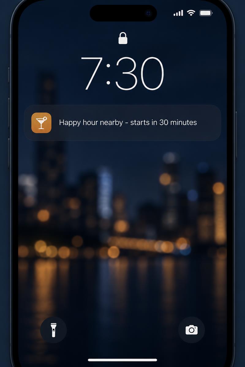 Phone showing a nearby happy hour alert notification