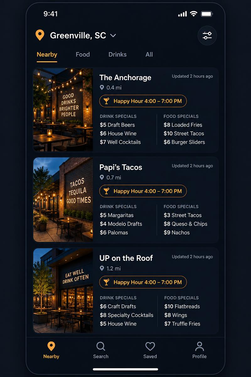 Nearby happy hours with times and specials