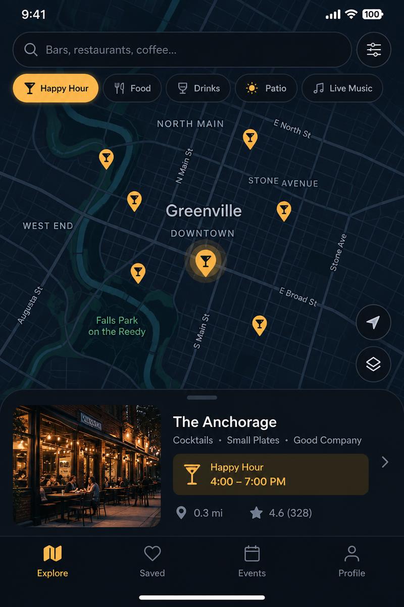 Map discovery of nearby happy hour venues