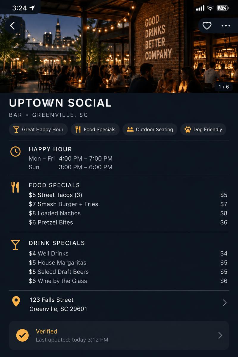Venue detail with happy hour times, specials, and a last updated timestamp
